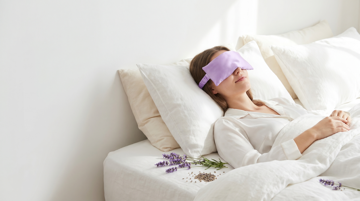 Woman relaxing wearing the Puralo lavender aromatherapy eye pillow