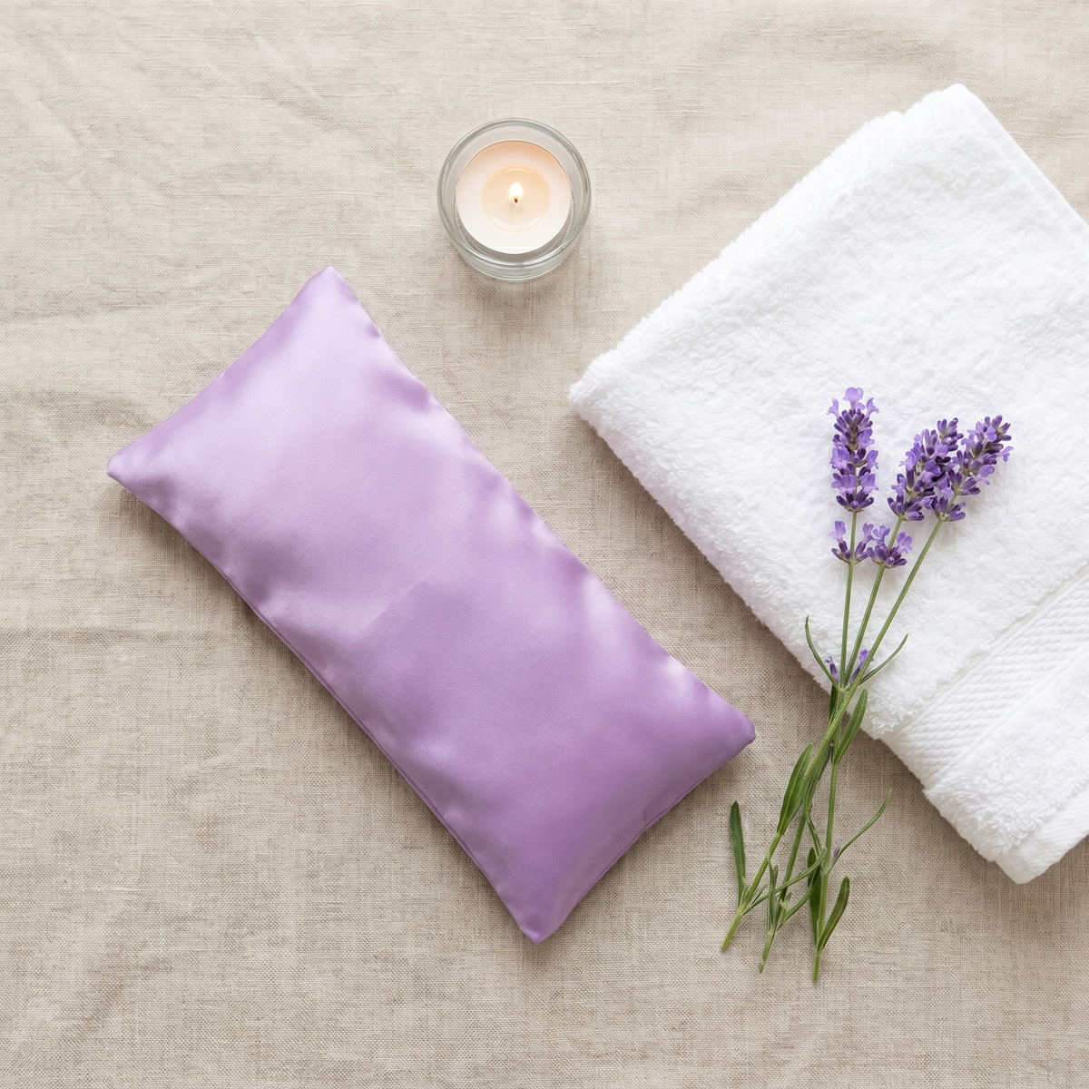 Spa flat-lay of the Puralo eye pillow with candle and lavender