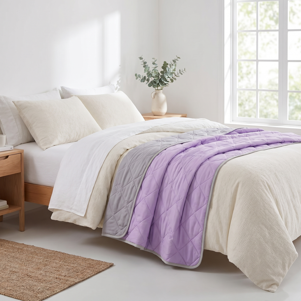 Puralo cooling blanket draped on a bed in a bright bedroom