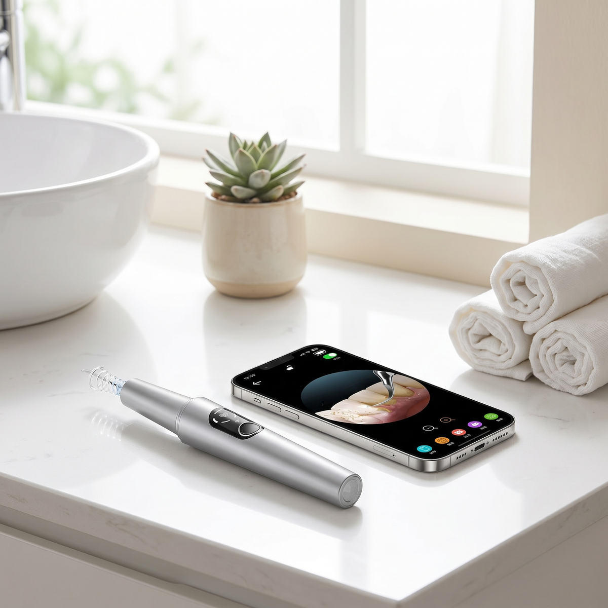 Tooth cleaner on counter with camera view on phone