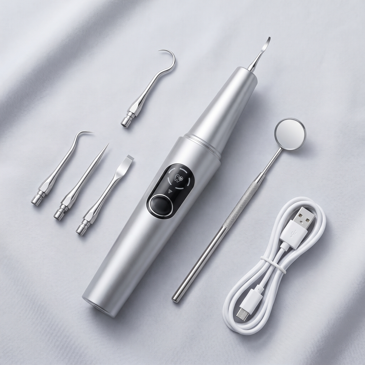Tooth cleaner kit contents flat-lay