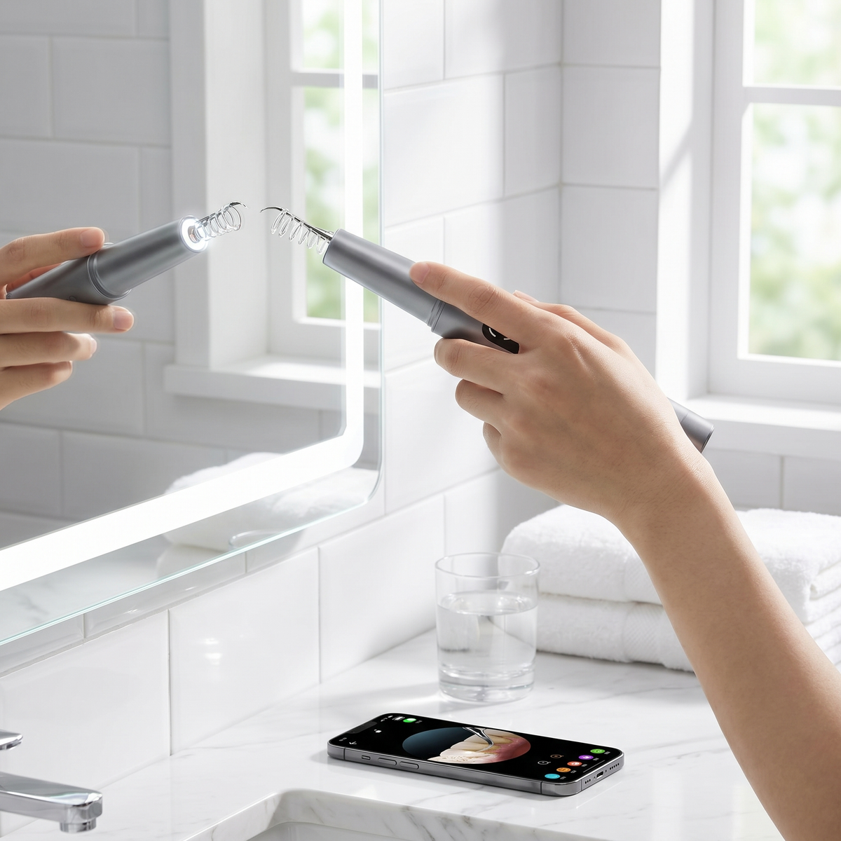 Hand holding the tooth cleaner at a bathroom mirror