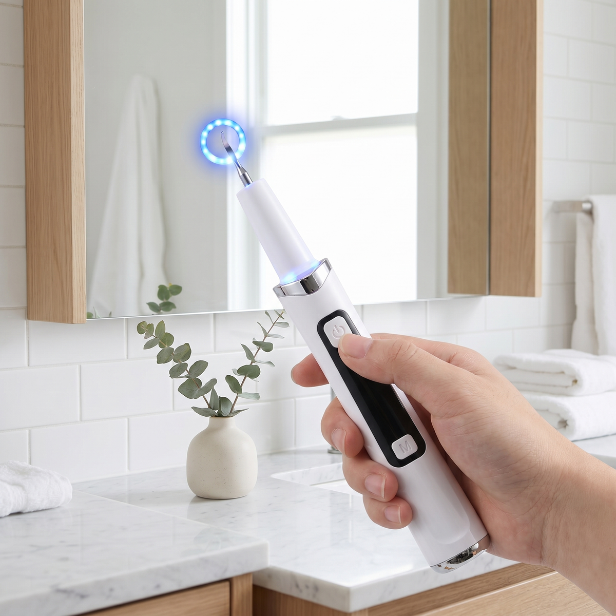 Hand holding the dental scaler with LED tip lit