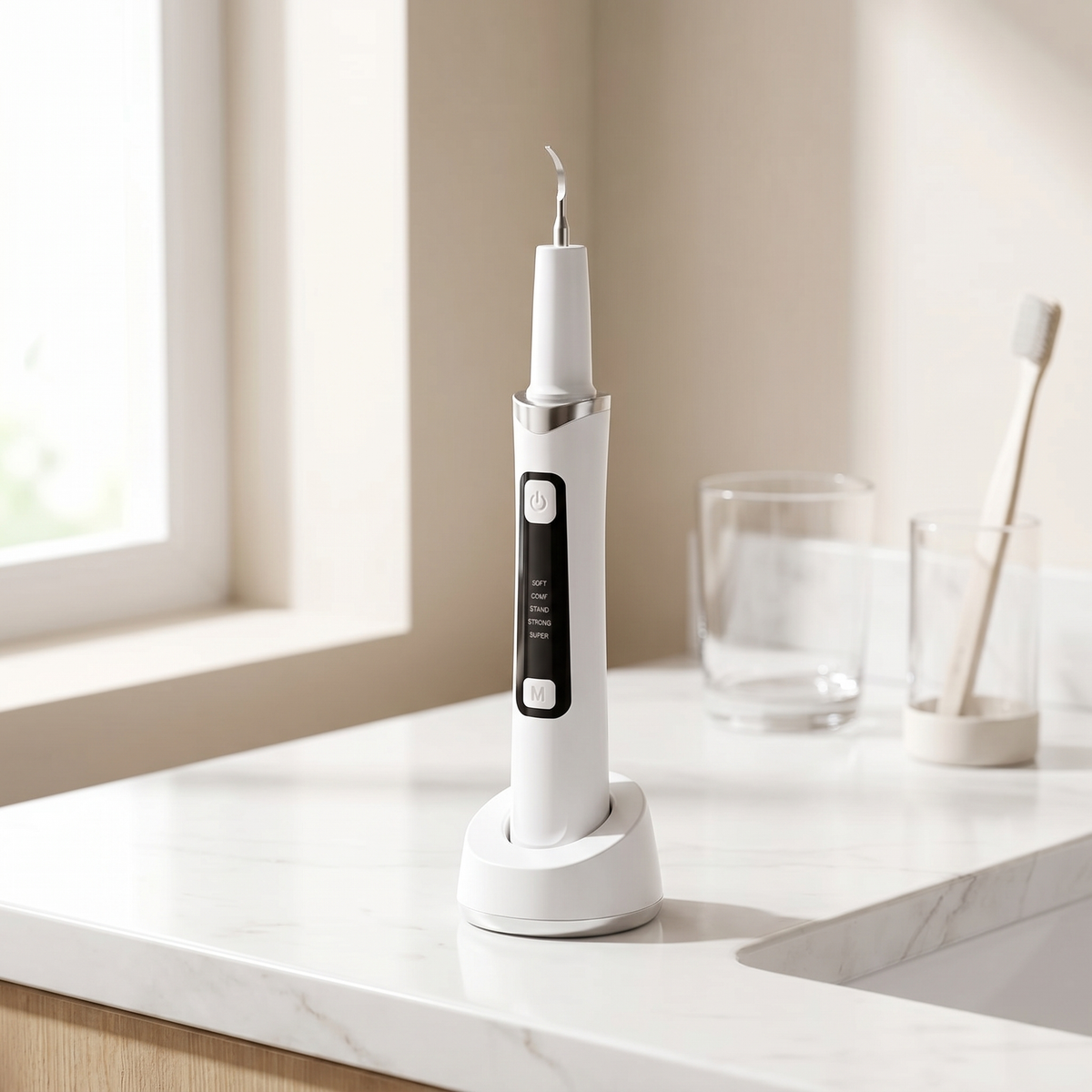 Dental scaler in charging base on a bathroom counter